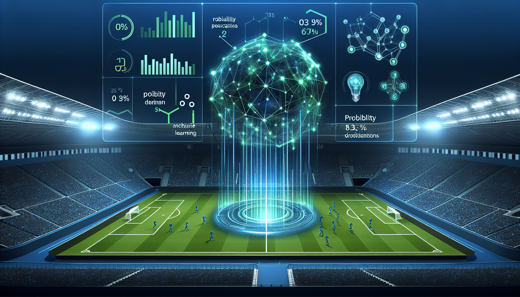 Football match prediction system using AI, Polymarket and machine learning in a futuristic stadium dashboard